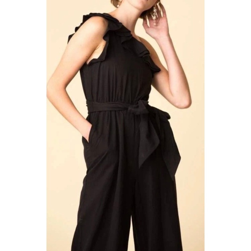 Ulla Johnson Demi Black Ruffle Jumpsuit One Shoulder Linen Tencel Wide Leg Sz 2